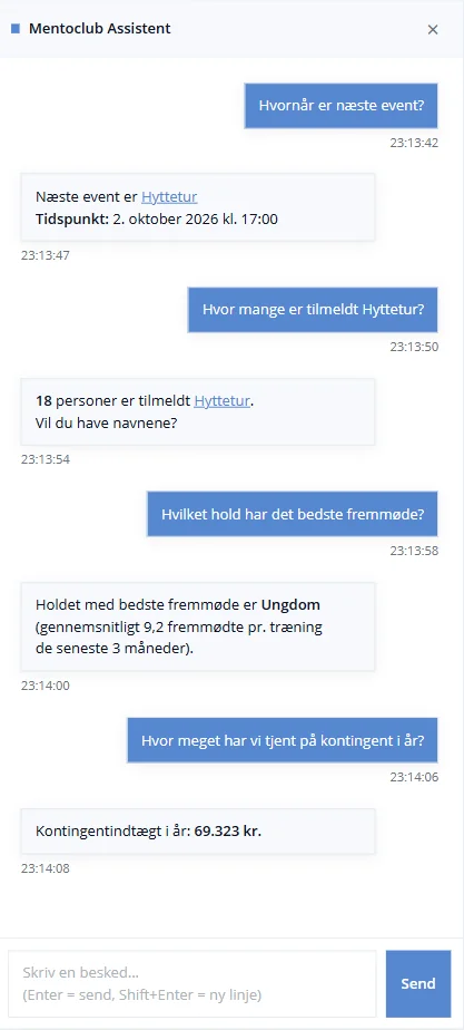Skærmbillede af Assistent i Mentoclub