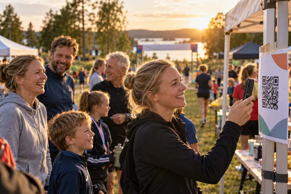 En forælder scanner en QR-plakat ved et stævne for at uploade billeder